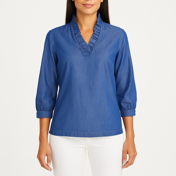 Crown & Ivy Blue Tencel Chambray Ruffle Neck Blouse Preppy Petite S - Picture 2 of 10